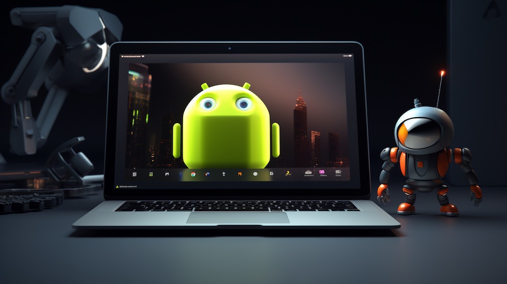 android figure in front of macbook pro